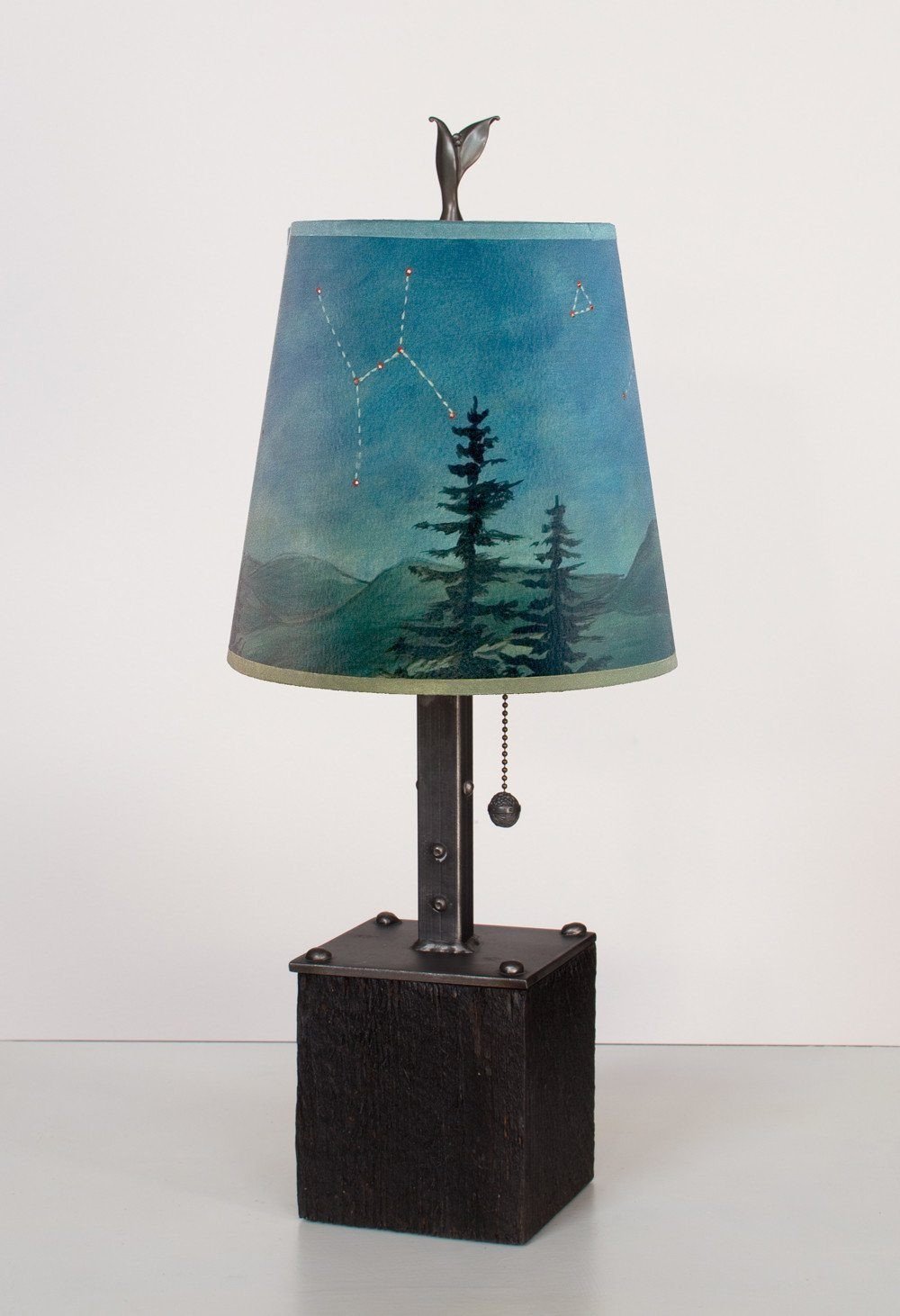 Steel Table Lamp on Reclaimed Wood with Small Drum Shade in Midnight Sky