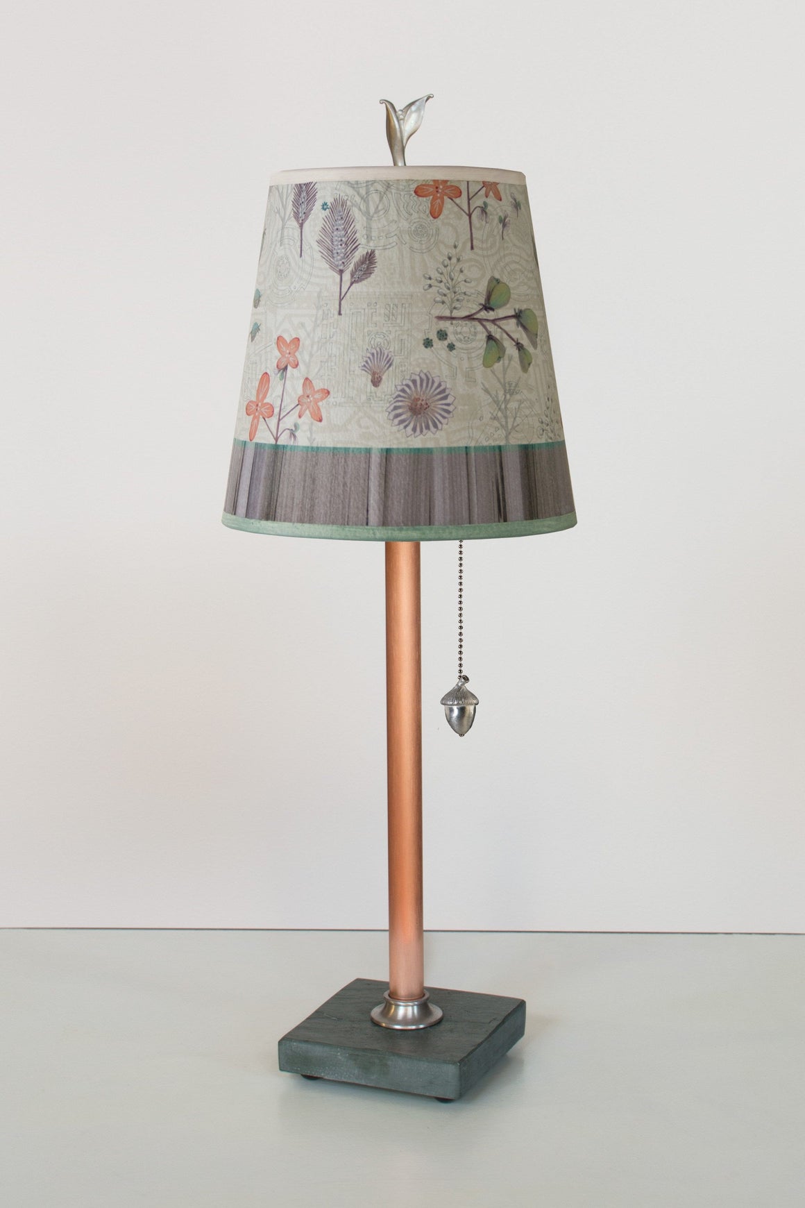 Copper Table Lamp on Vermont  Slate Base with Small Drum Shade in Flora & Maze