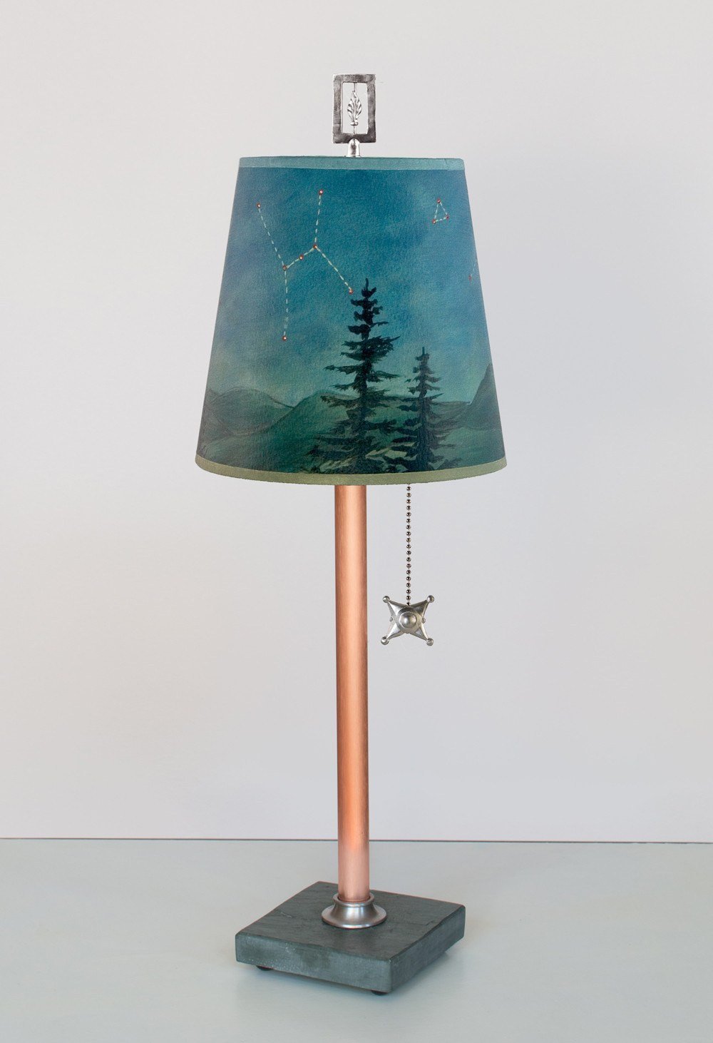 Copper Table Lamp on Vermont Slate with Small Drum Shade in Midnight Sky LIT
