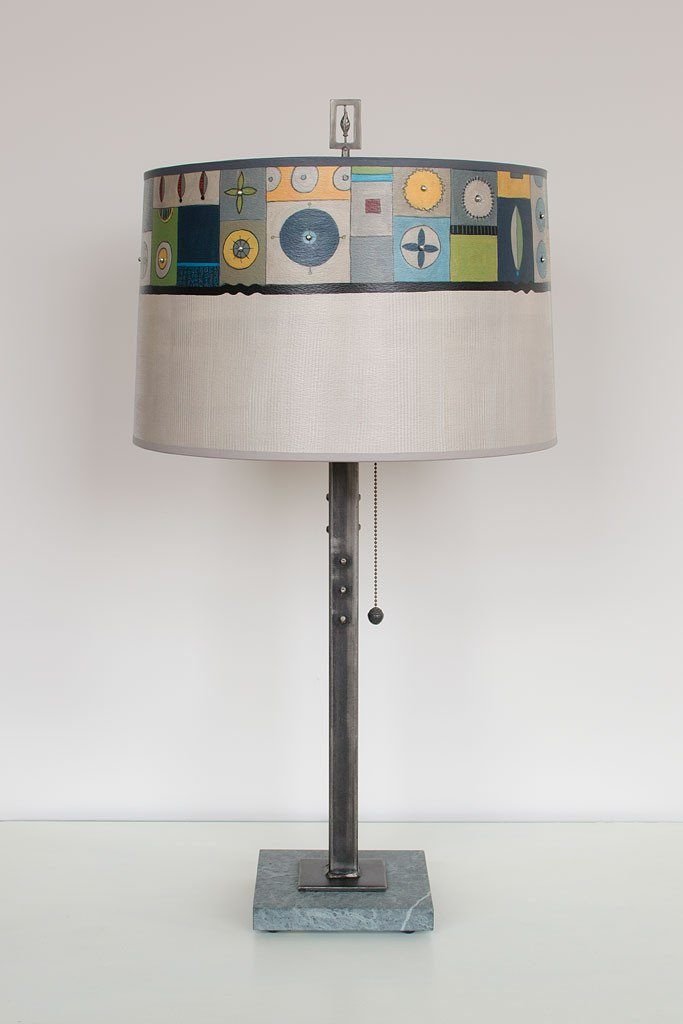 Steel Table Lamp with Large Drum Shade in Lucky Mosaic Oyster