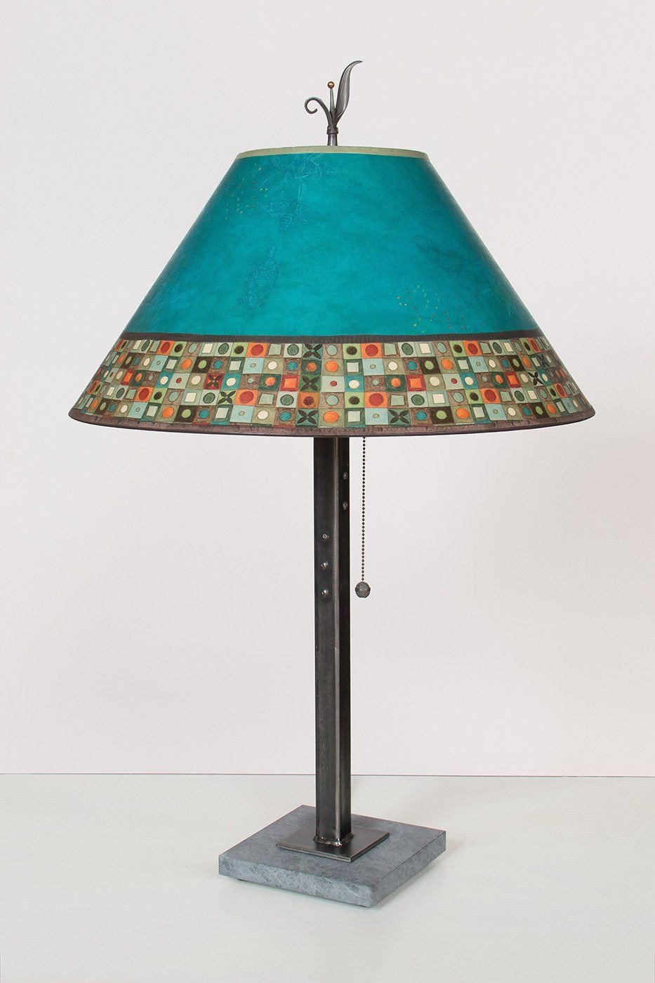 Steel Table Lamp on Italian Marble with Large Conical Shade in Jade Mosaic