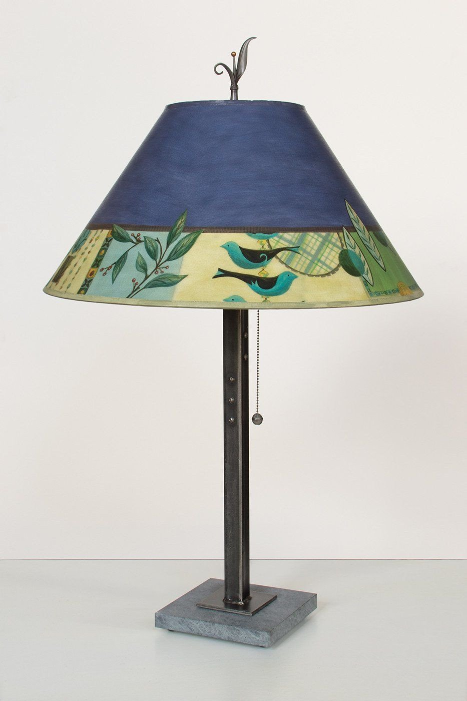 Steel Table Lamp on Italian Marble with Large Conical Shade in New Capri Periwinkle
