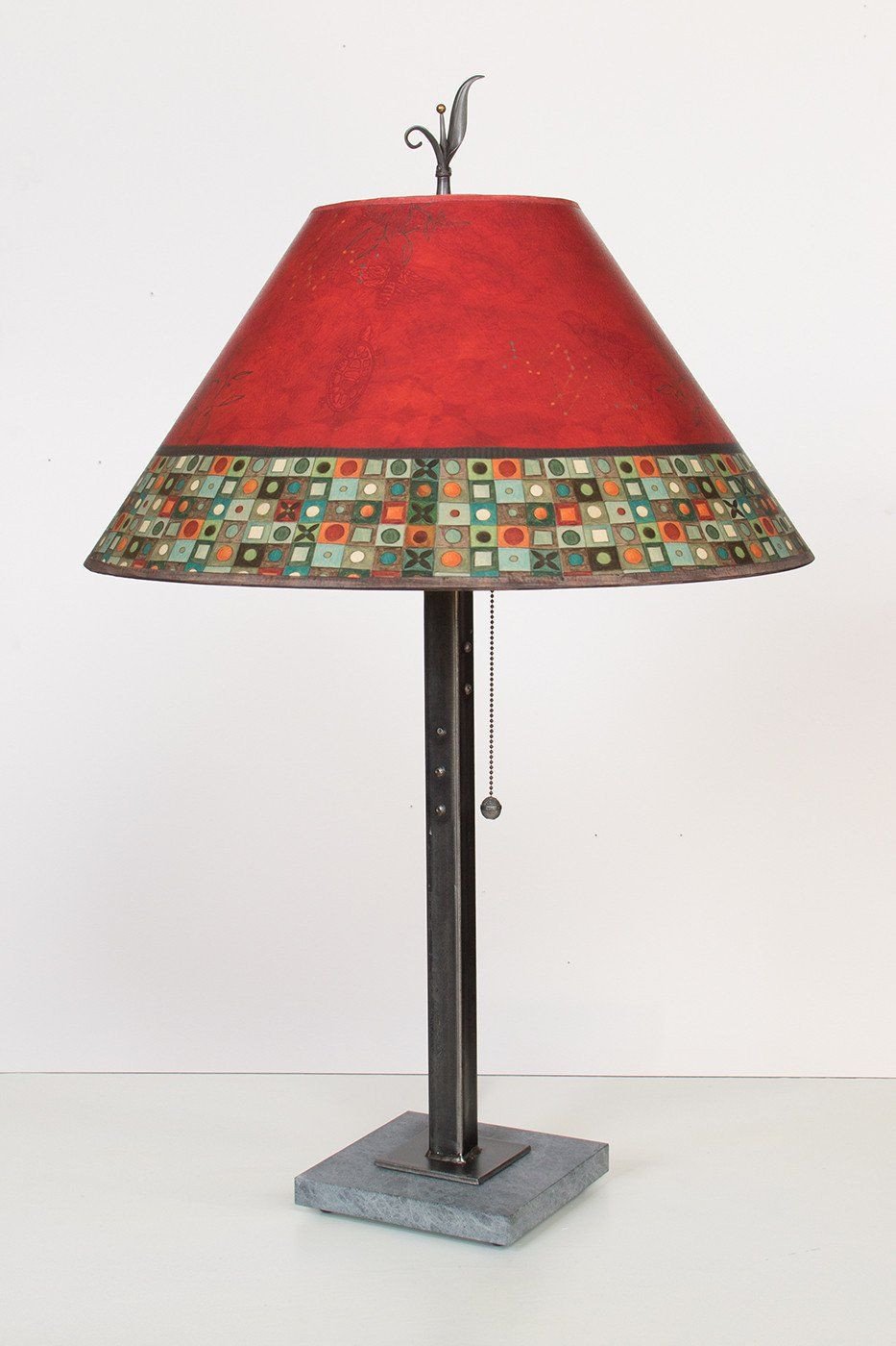 Steel Table Lamp on Italian Marble with Large Conical Shade in Red Mosaic