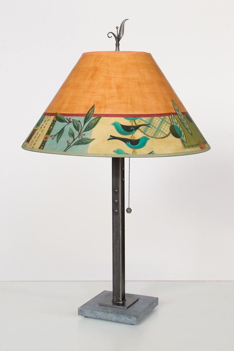 Steel Table Lamp on Italian Marble with Large Conical Shade in Spring Medley Spice