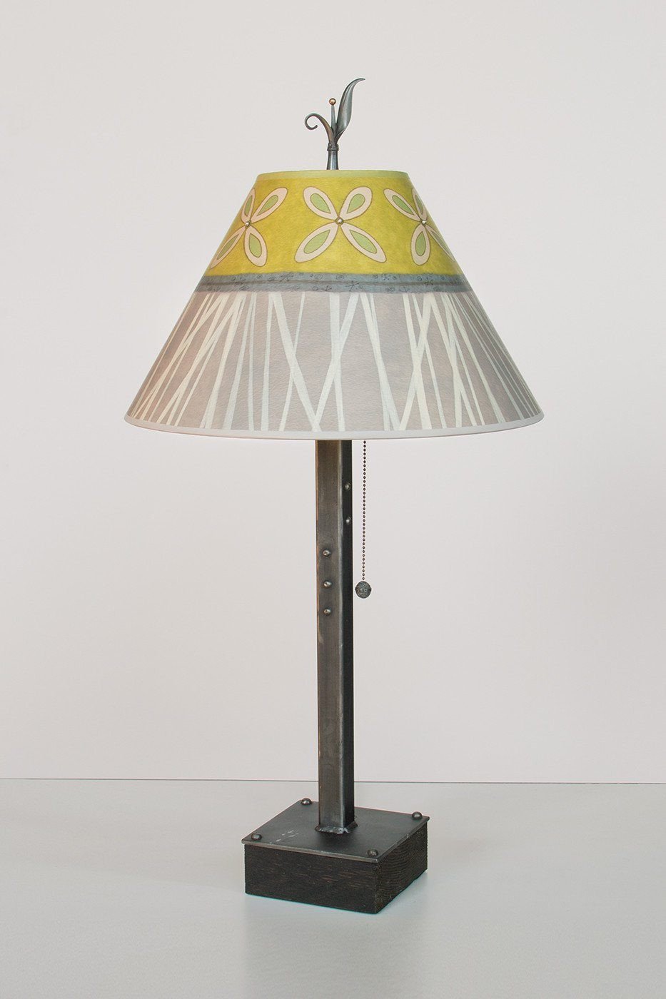 Steel Table Lamp on Wood with Medium Conical Shade in Kiwi - Lit