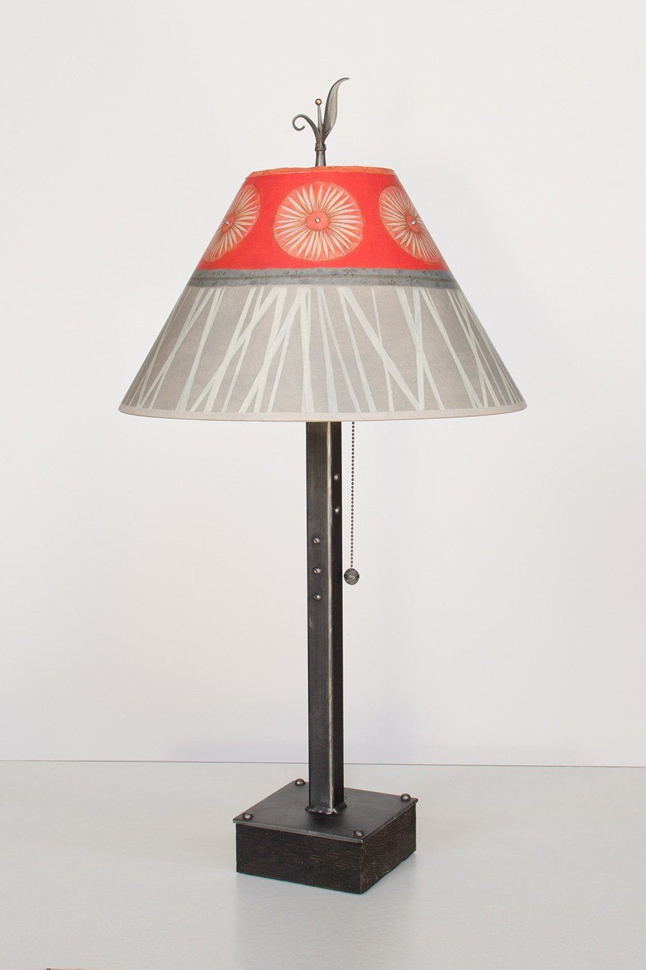 Steel Table Lamp on Wood with Medium Conical Shade in Tang - Lit