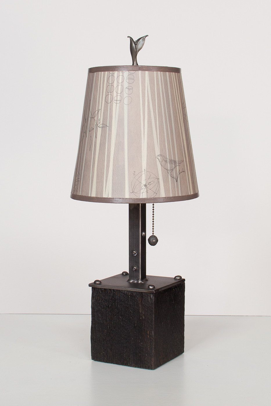 Steel Table Lamp on Reclaimed Wood with Small Drum Shade in Birch Lit