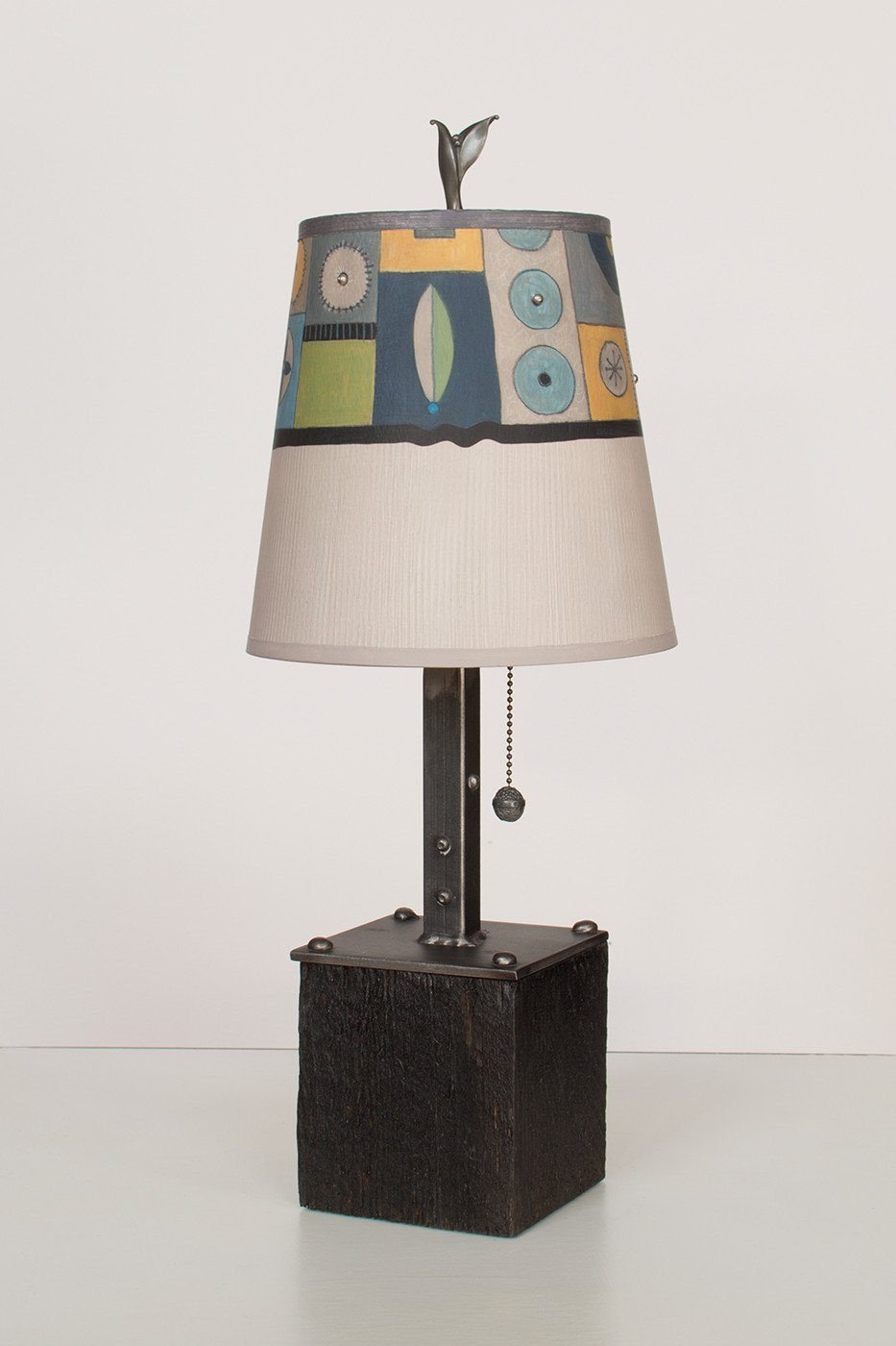 Steel Table Lamp on Reclaimed Wood with Small Drum Shade in Lucky Mosaic Oyster Lit