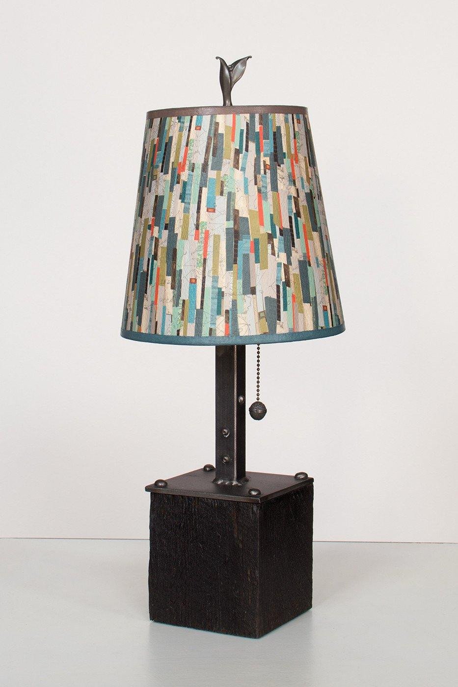 Steel Table Lamp on Reclaimed Wood with Small Drum Shade in Papers Lit